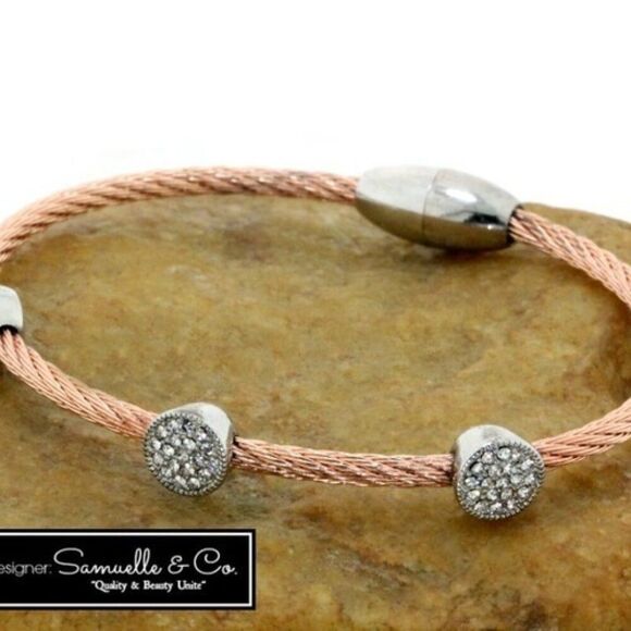 Elite  New, 18k Rose G0ld Layered Lead-Free High End White Zircon Cable Bracelet - Picture 1 of 6